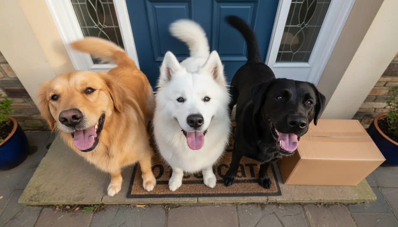 Trois chiens posant joyeusement à côté d'un colis livré