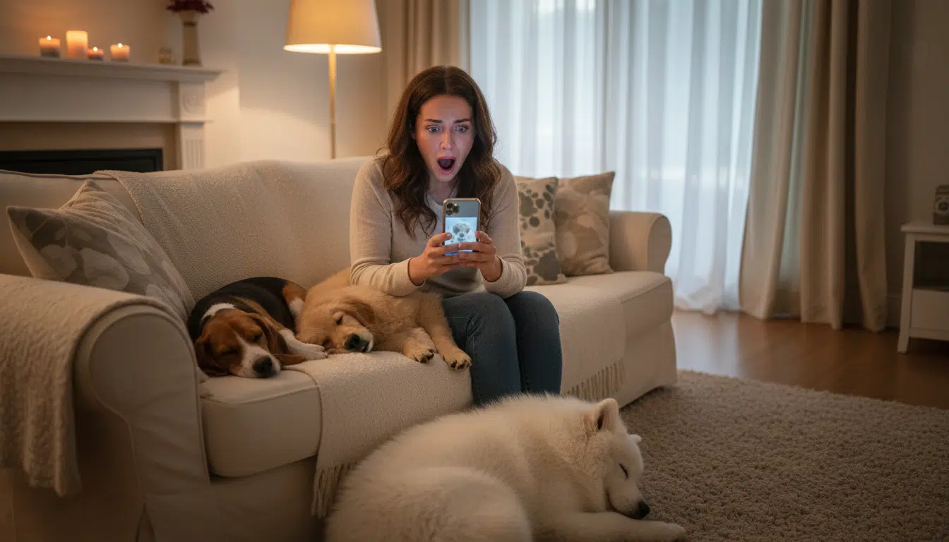 Femme émue découvrant un SMS sur son téléphone entourée de ses chiens