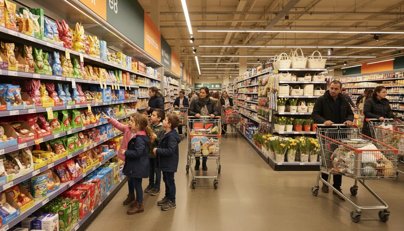 Clients faisant leurs courses dans un supermarché à Pâques