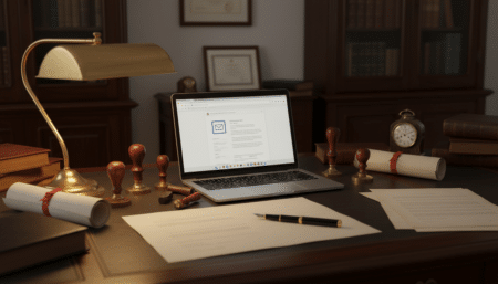Bureau de notaire avec un ordinateur affichant un e-mail contenant un RIB