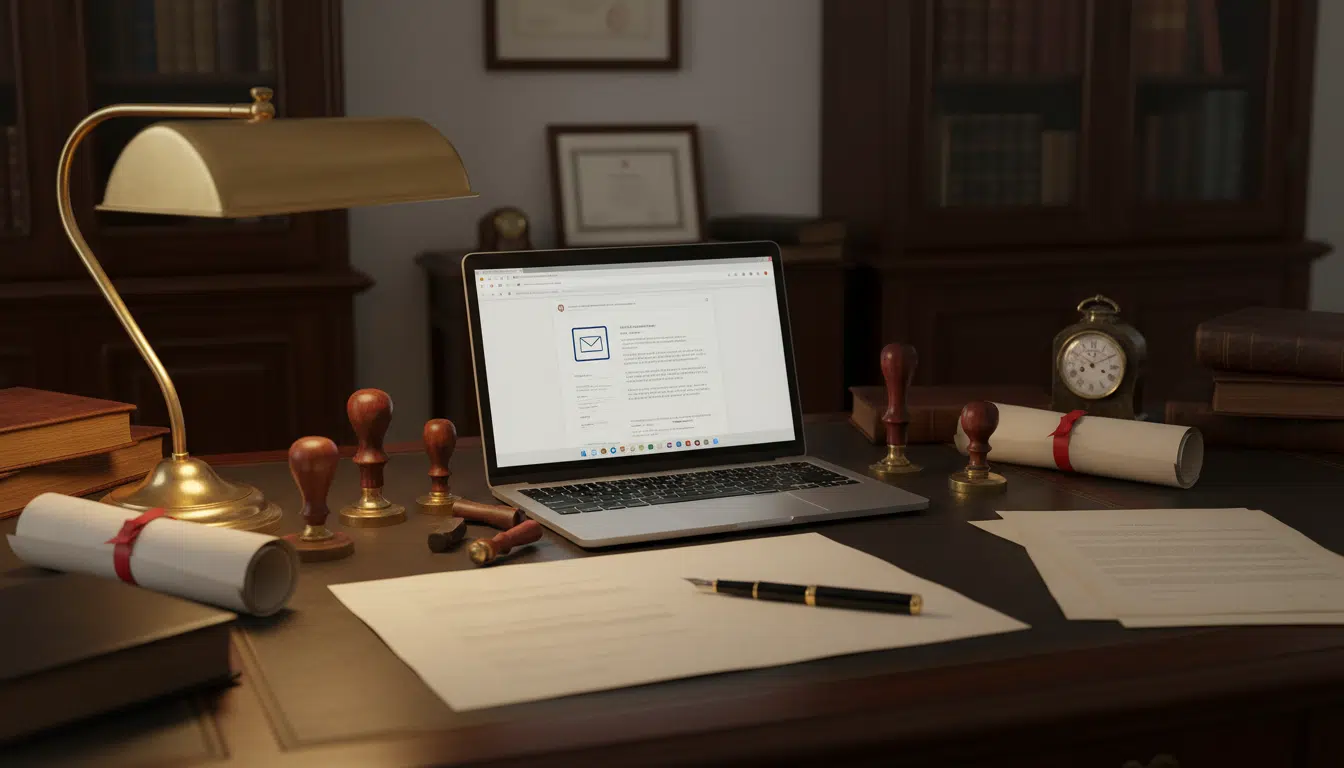 Bureau de notaire avec un ordinateur affichant un e-mail contenant un RIB