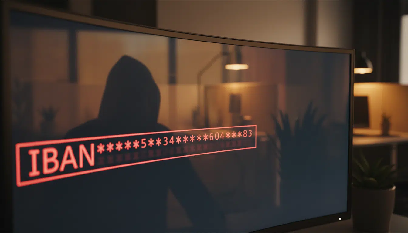 Écran d'ordinateur montrant un IBAN modifié par un pirate informatique