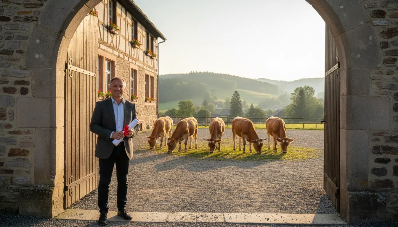 Maire de Moosch devant l'école avec cinq génisses