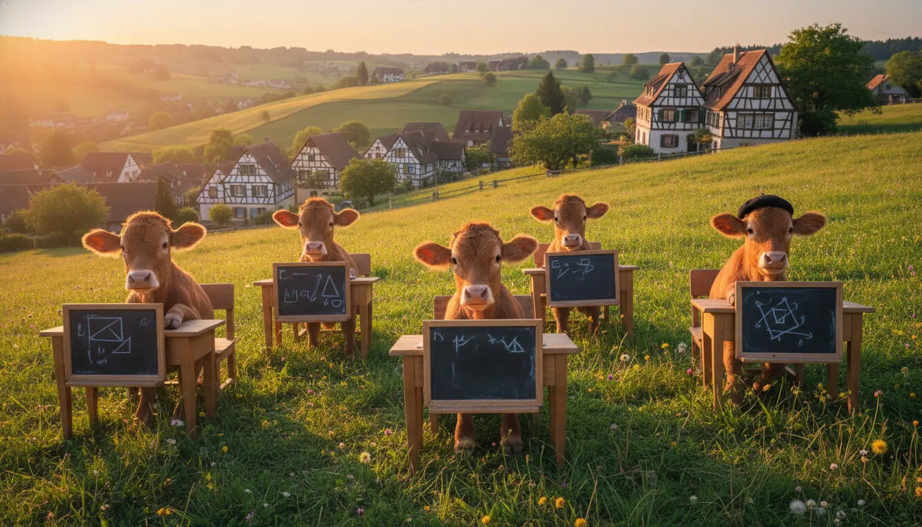 Cinq vaches installées à des bureaux d'école en plein air