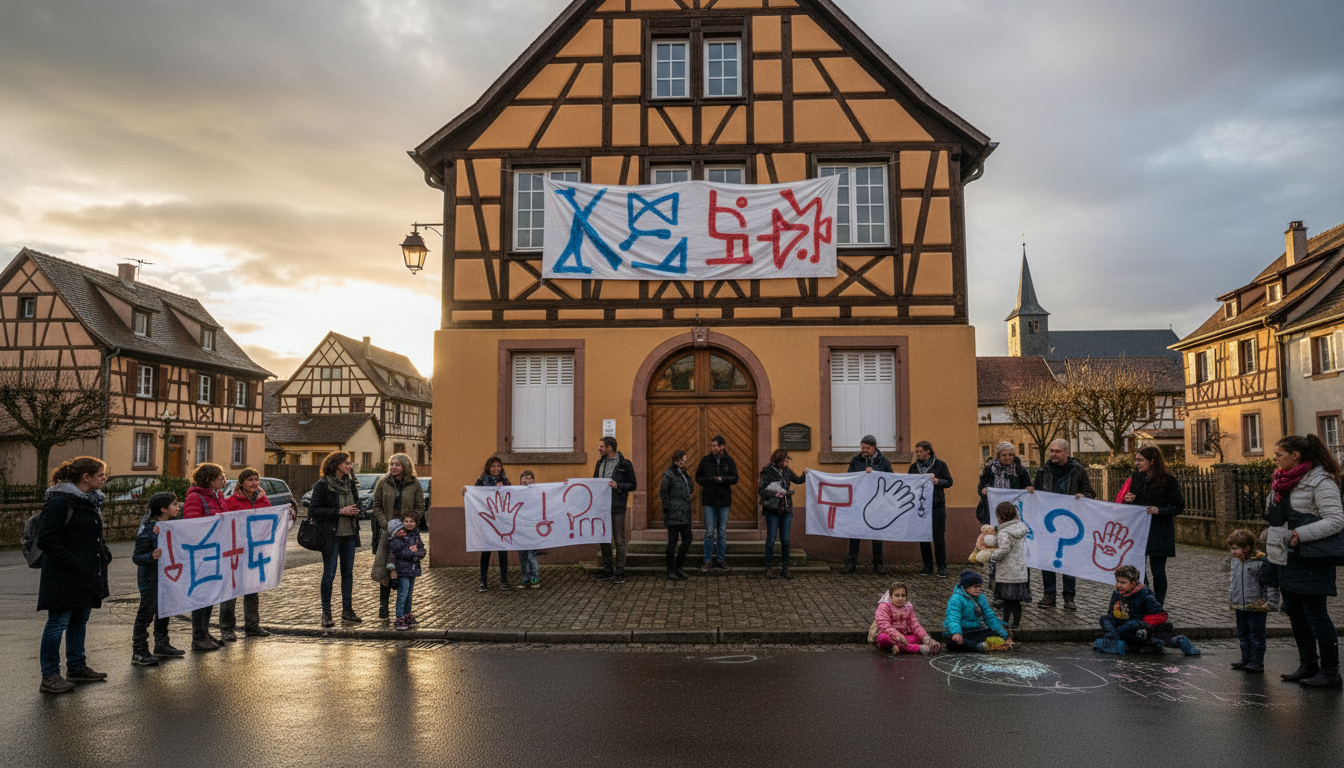École rurale alsacienne avec banderole de protestation