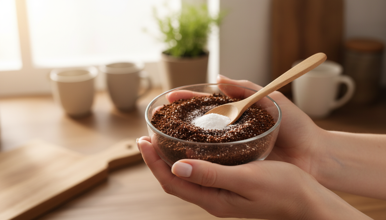 Mélange de marc de café et bicarbonate dans un bol