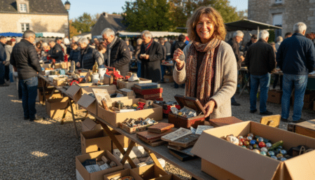 Vendeur particulier derrière son stand de vide-greniers