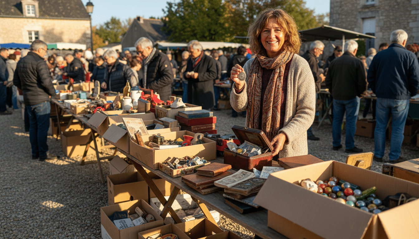 Vendeur particulier derrière son stand de vide-greniers