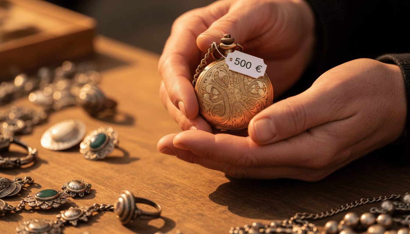Montre ancienne en or avec étiquette de prix en brocante