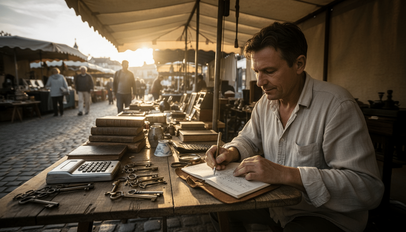 Personne tenant un carnet de suivi de ventes en brocante