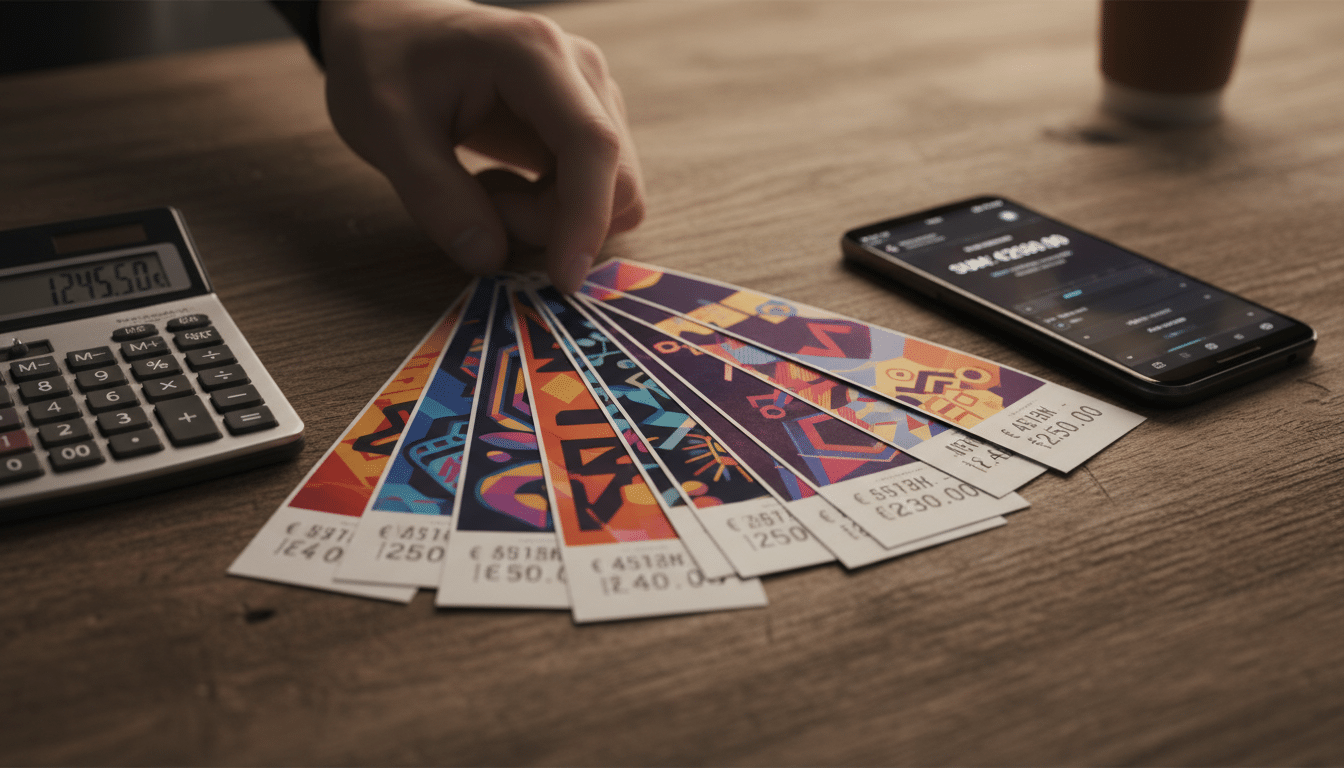 Billets de concert étalés sur une table avec calculatrice