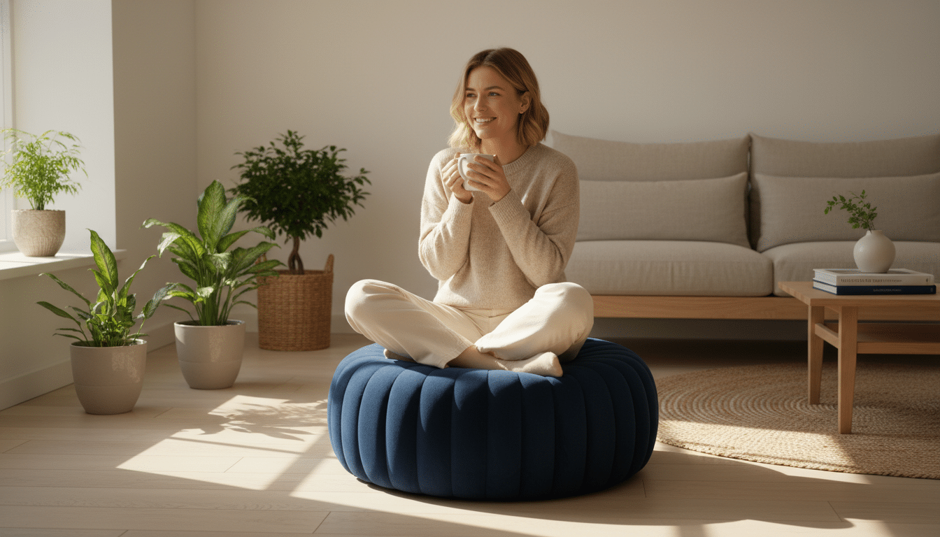 Pouf IKEA LILLESÄTER bleu foncé dans un salon lumineux