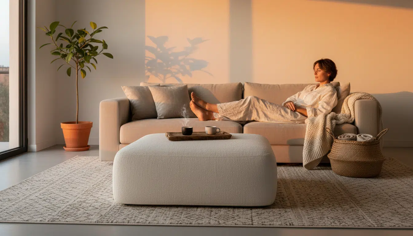 Pouf LILLESÄTER blanc cassé utilisé comme table d'appoint dans un studio
