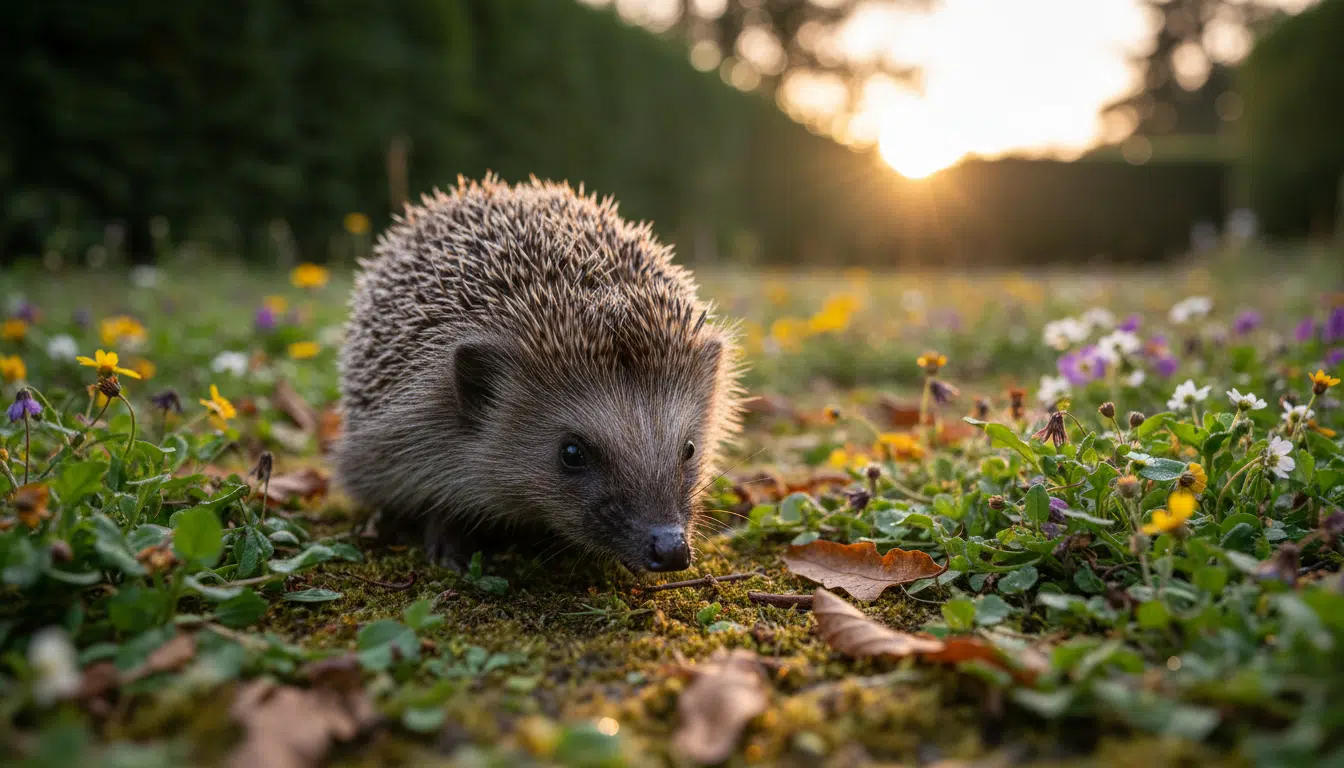 Hérisson d'Europe explorant un jardin au crépuscule