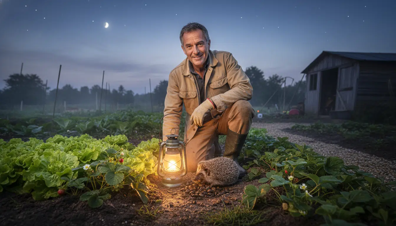 Jardinier observant un hérisson chassant des limaces au potager