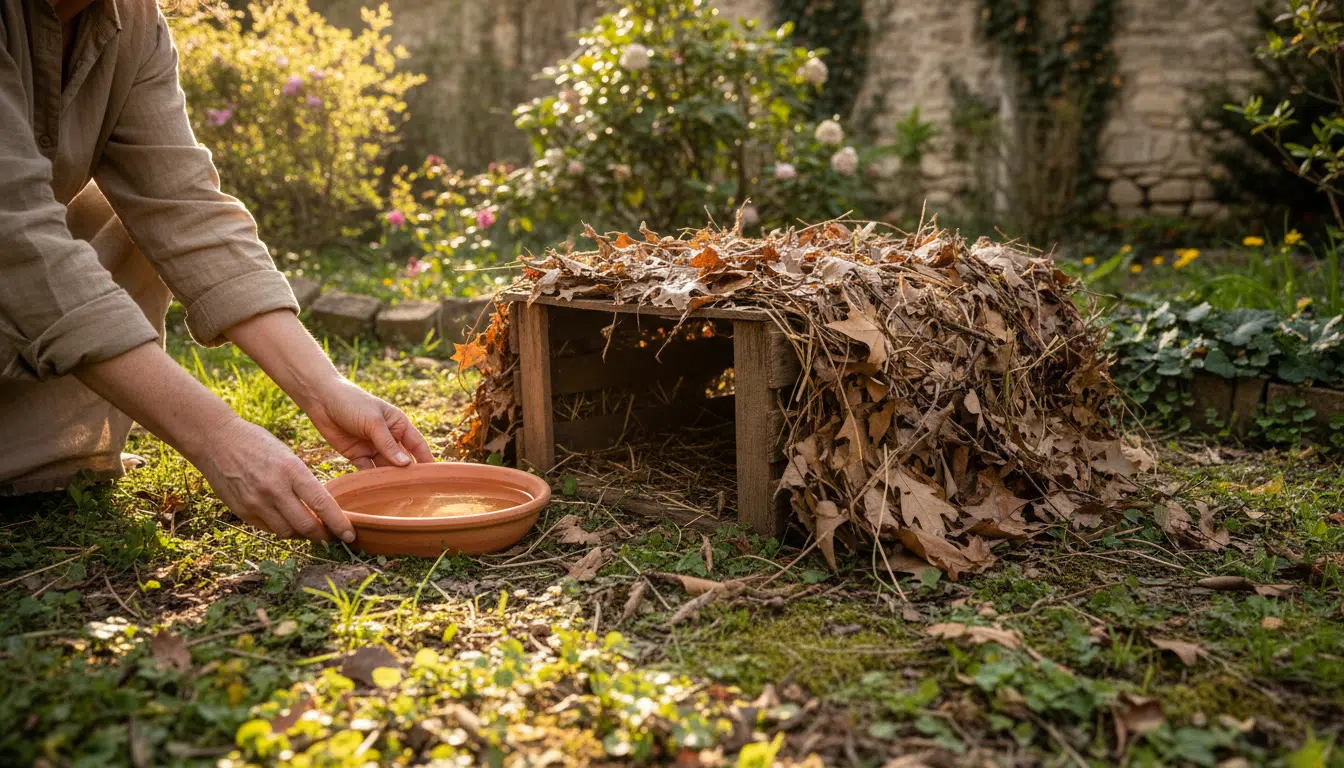 Abri en bois et coupelle d'eau pour hérisson au jardin
