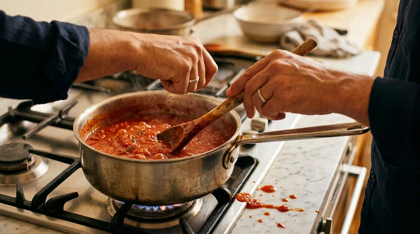Cuillère en bois posée près d'une casserole avec sauce