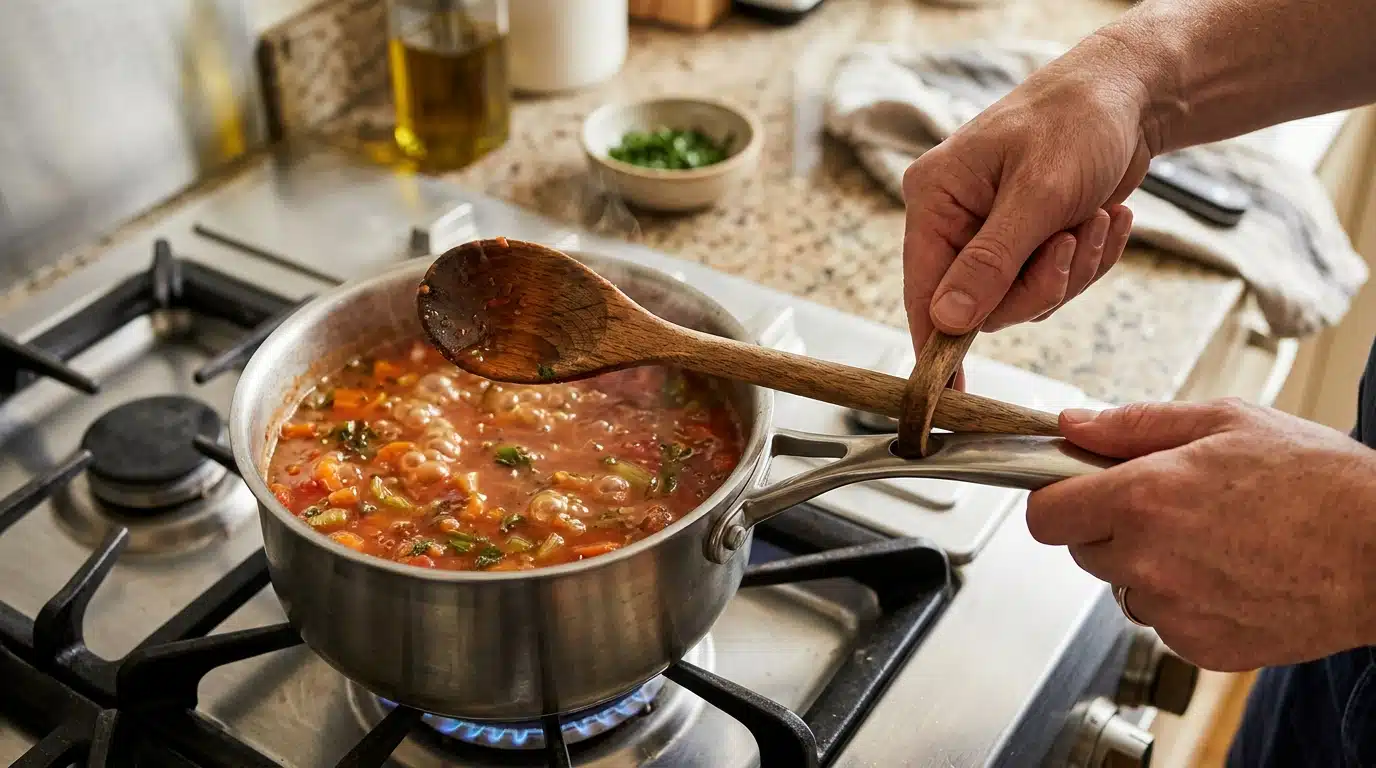 Cuillère insérée dans le trou du manche d'une casserole
