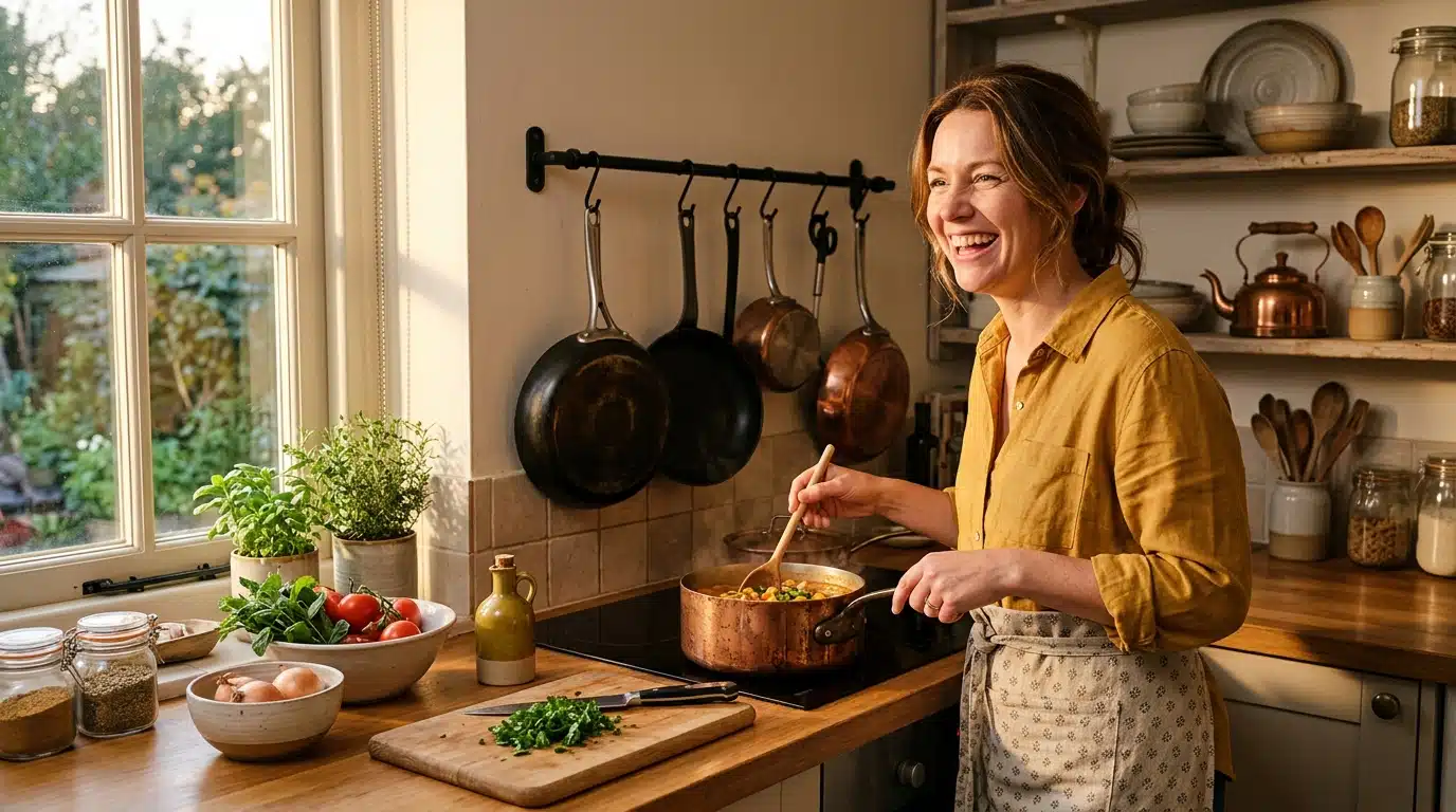 Cuisine organisée avec casseroles suspendues par leur manche