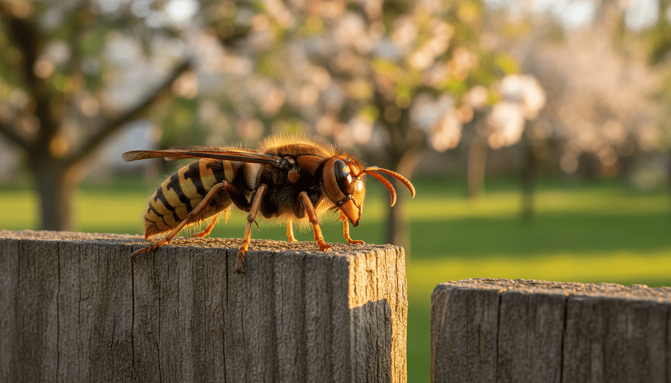 Reine de frelon asiatique posée sur une clôture de jardin