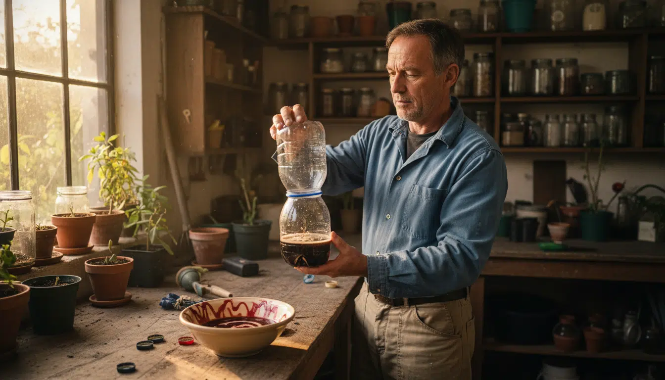 Homme fabriquant un piège à bouteille inversée pour frelons