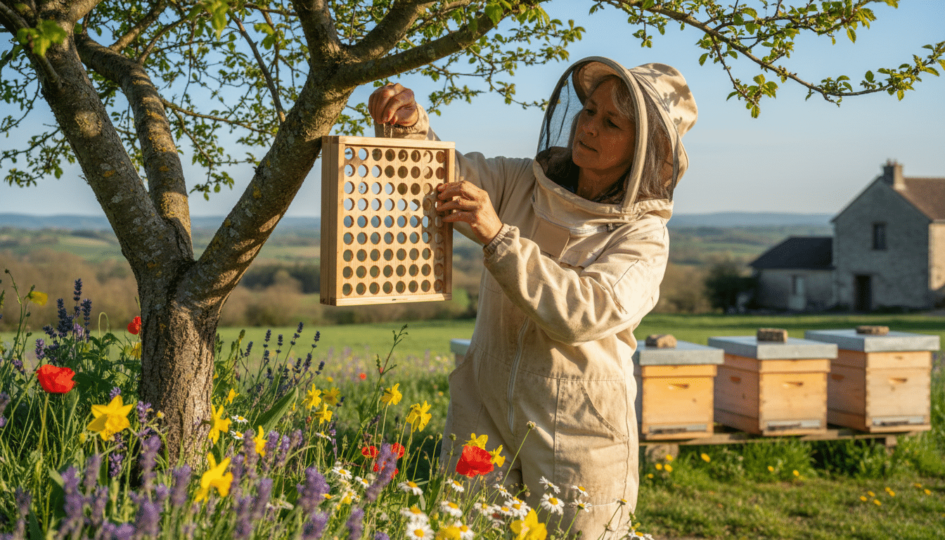 Apicultrice installant un piège sélectif professionnel contre les frelons