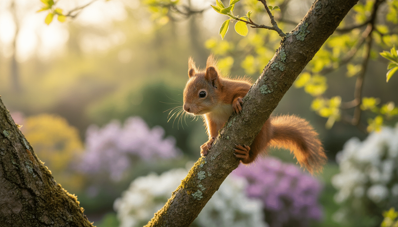 Bébé écureuil roux accroché à une branche au printemps