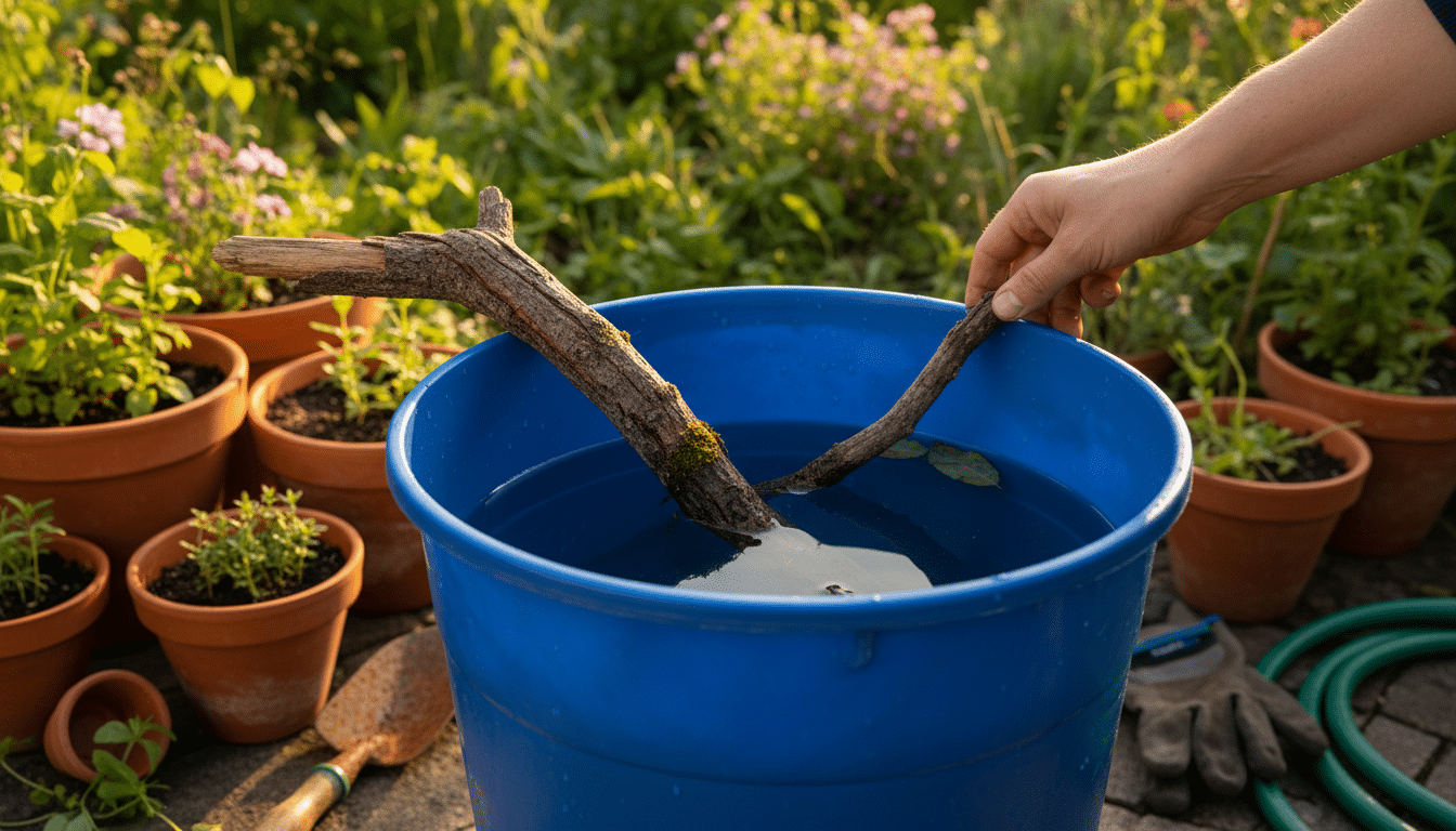 Branche en bois placée dans un seau comme rampe de sauvetage