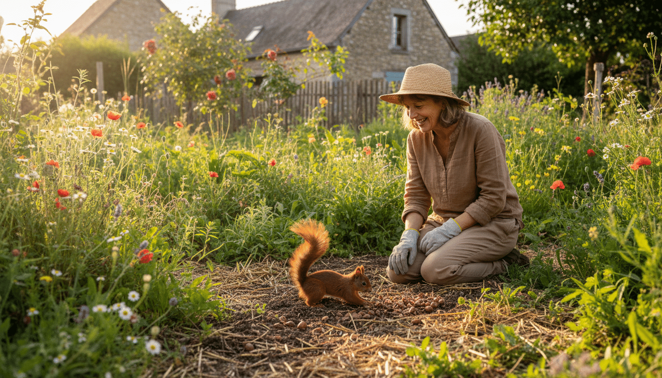 Femme observant un écureuil roux dans son jardin sans pesticides