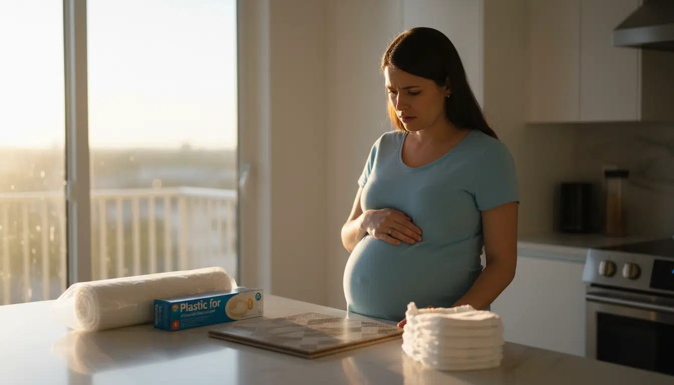 Femme enceinte devant des objets en plastique du quotidien