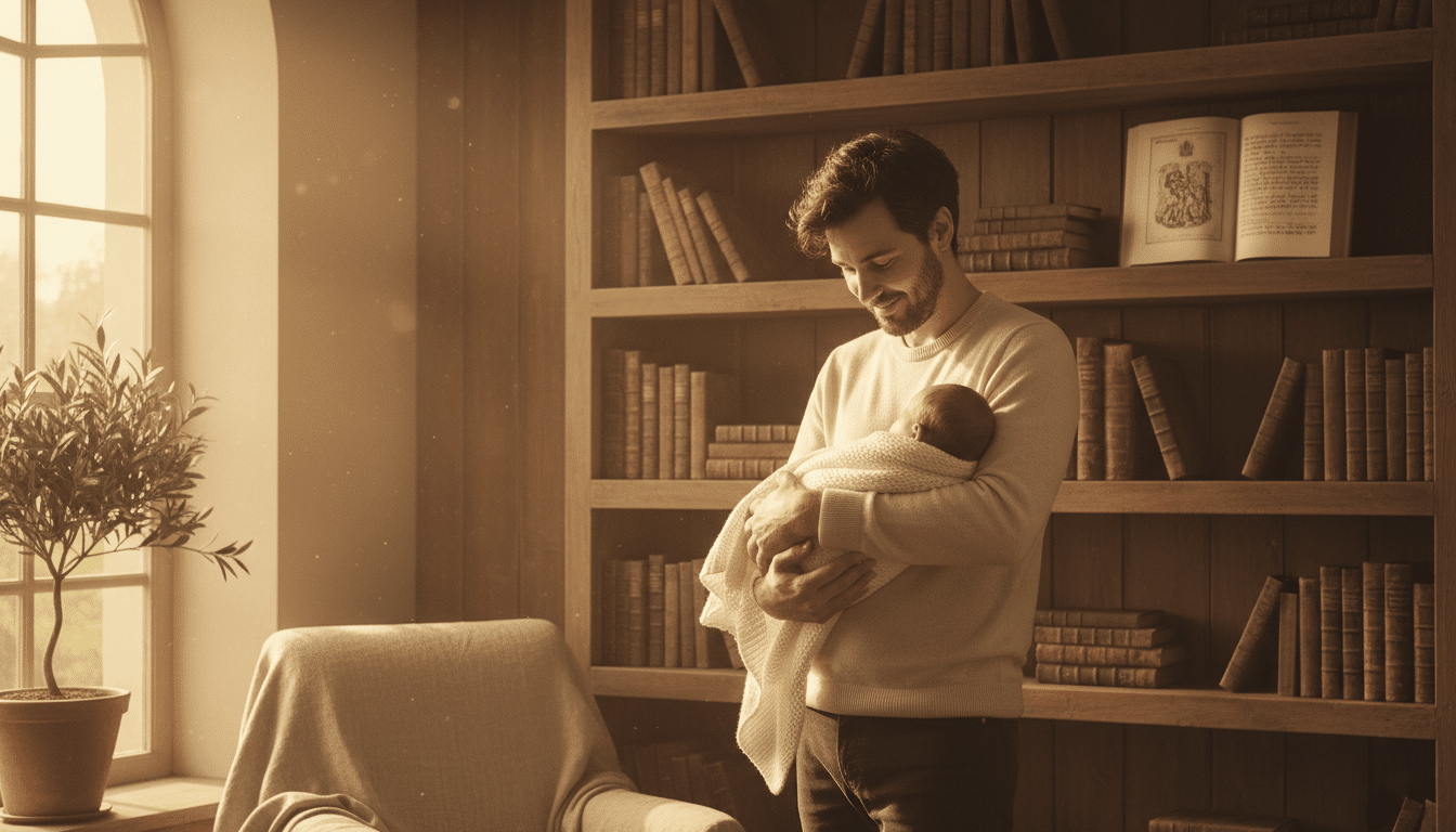 Jeune père tenant un nouveau-né dans une lumière dorée