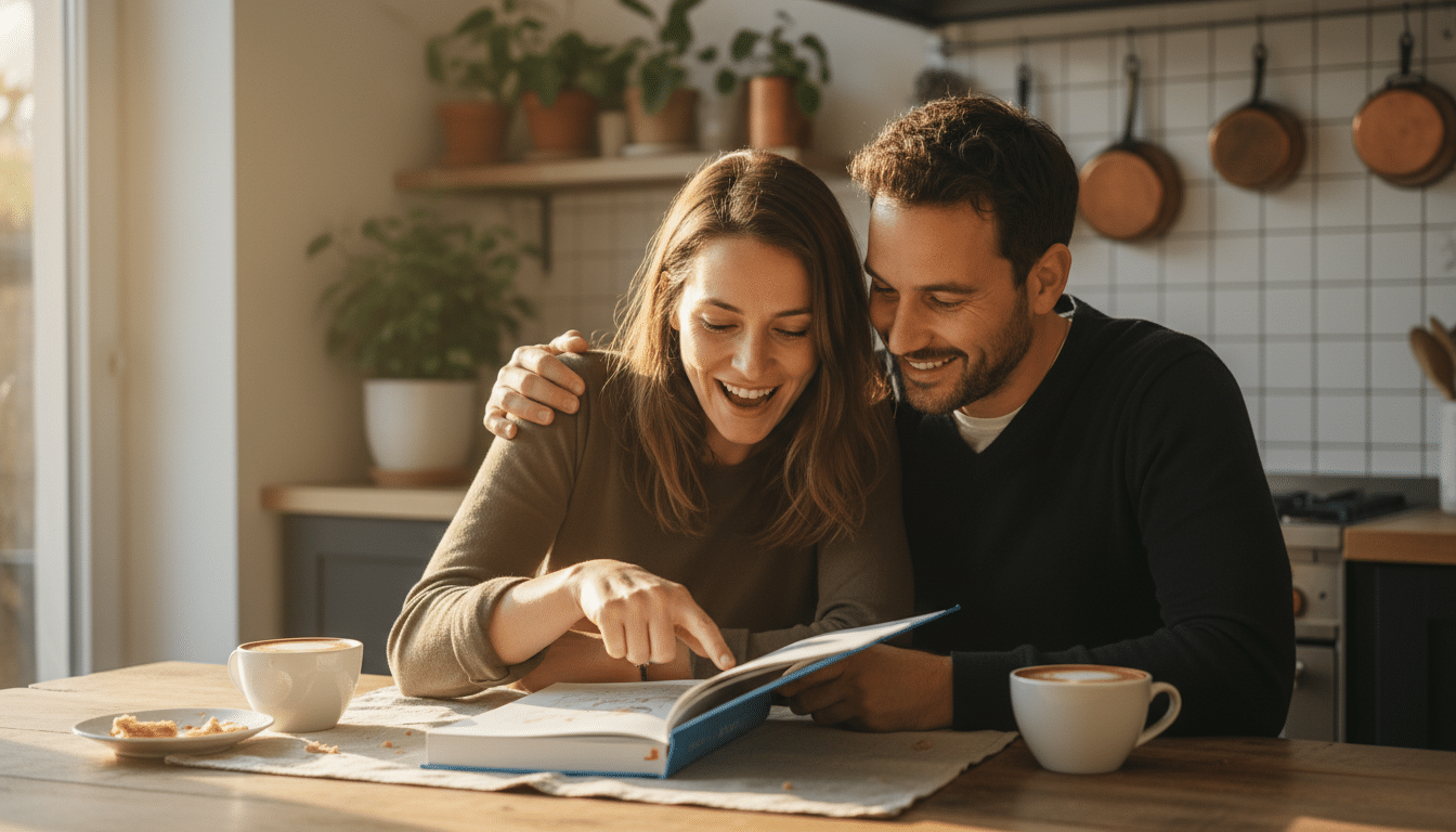 Couple français consultant un livre de prénoms ensemble