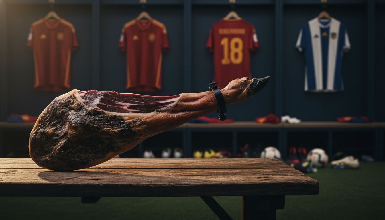 Jambon ibérique entier posé dans un vestiaire de football espagnol, symbole de la polémique au CD Colonia Moscardo