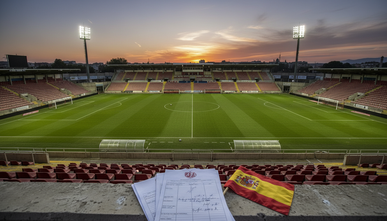 Petit stade de football espagnol au coucher du soleil, cadre du scandale impliquant le président du CD Colonia Moscardo