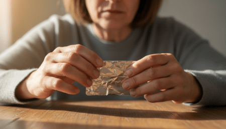 Femme enveloppant une carte bancaire dans du papier aluminium
