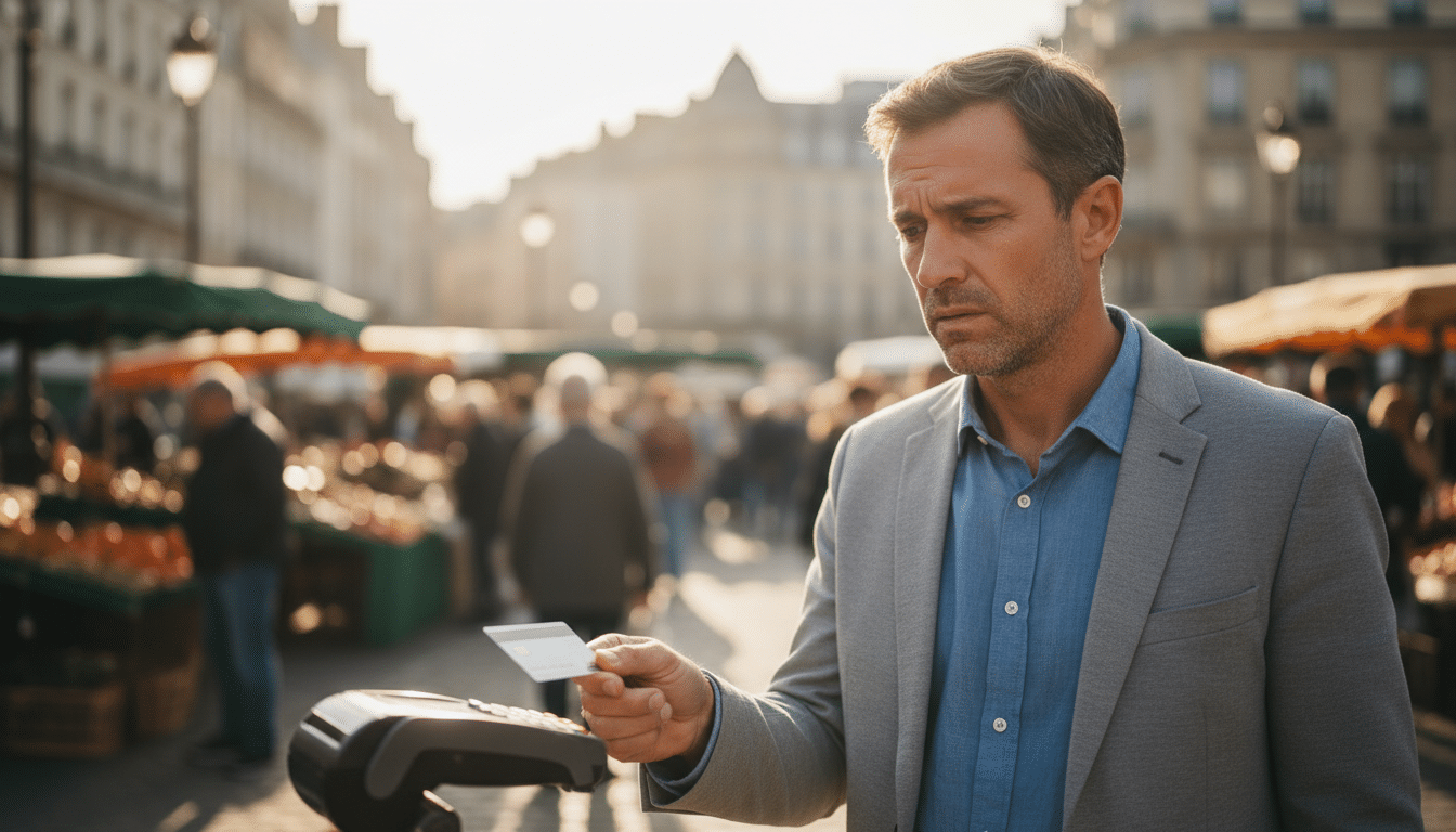 Homme inquiet tenant une carte bancaire sans contact