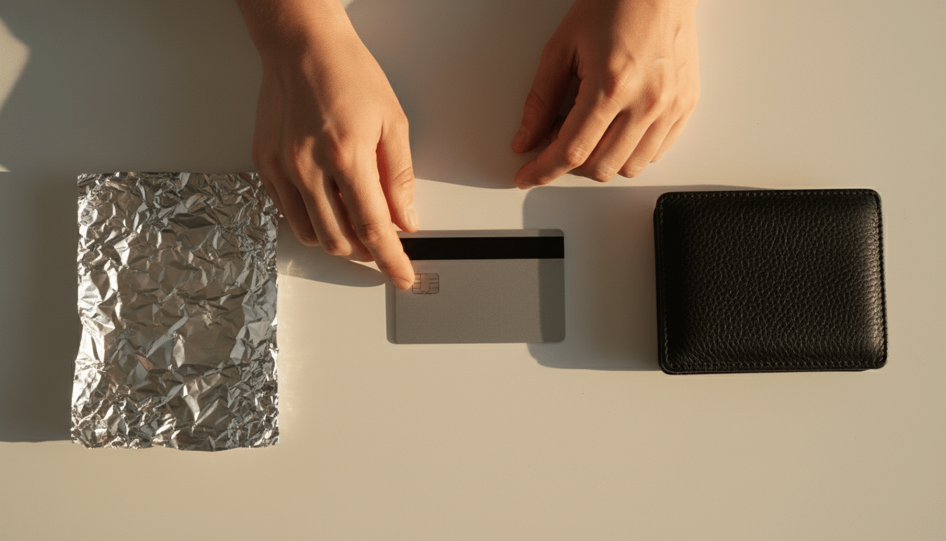 Carte bancaire et papier aluminium sur une surface blanche