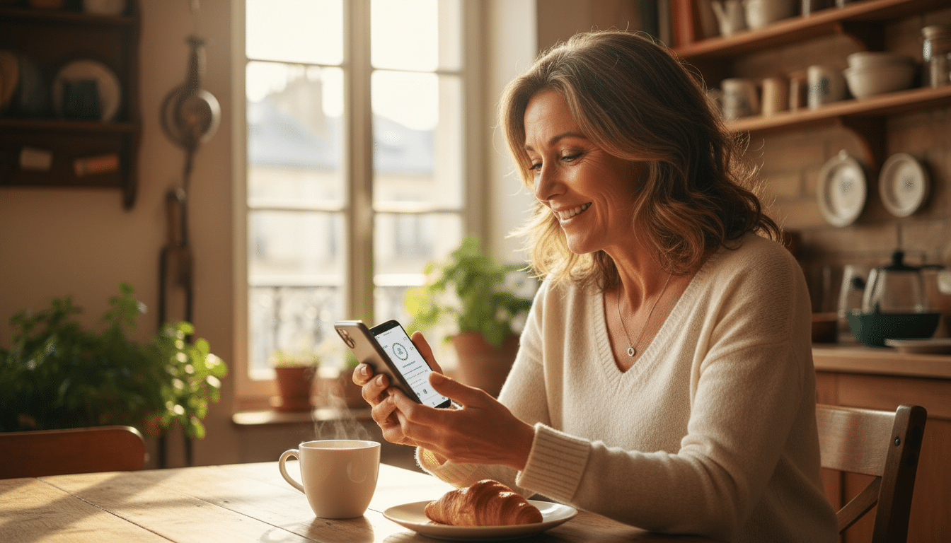 Femme vérifiant son application bancaire avec soulagement
