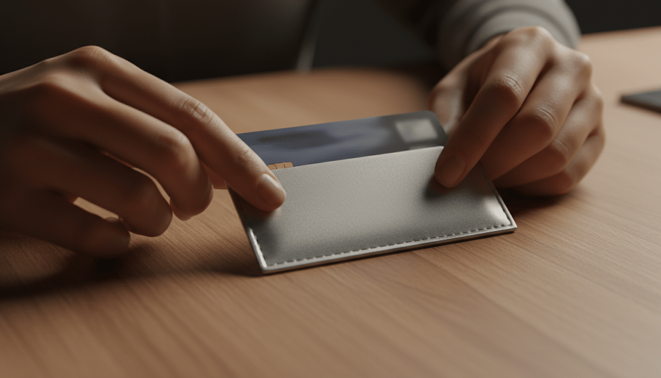 Mains glissant une carte dans un étui anti-RFID