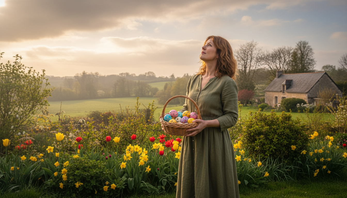 Femme dans un jardin sous un ciel nuageux de Pâques