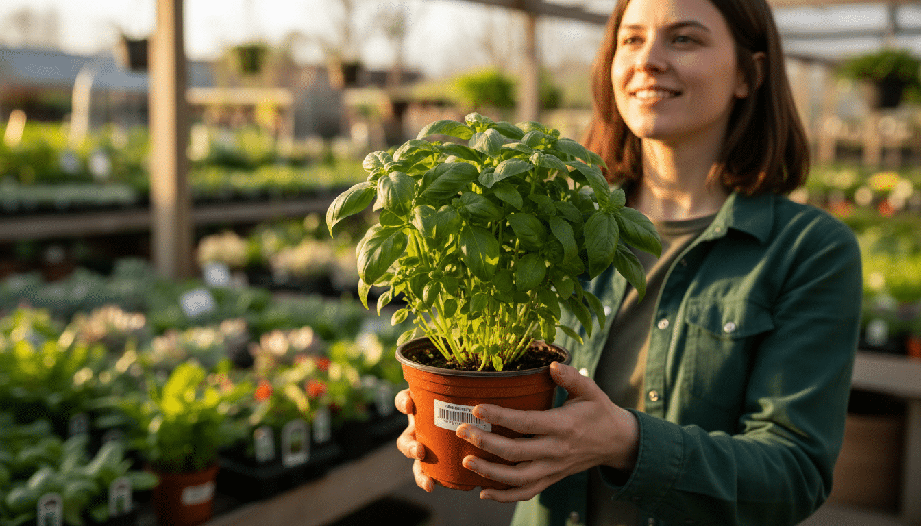 Personne tenant un pot de basilic frais en jardinerie