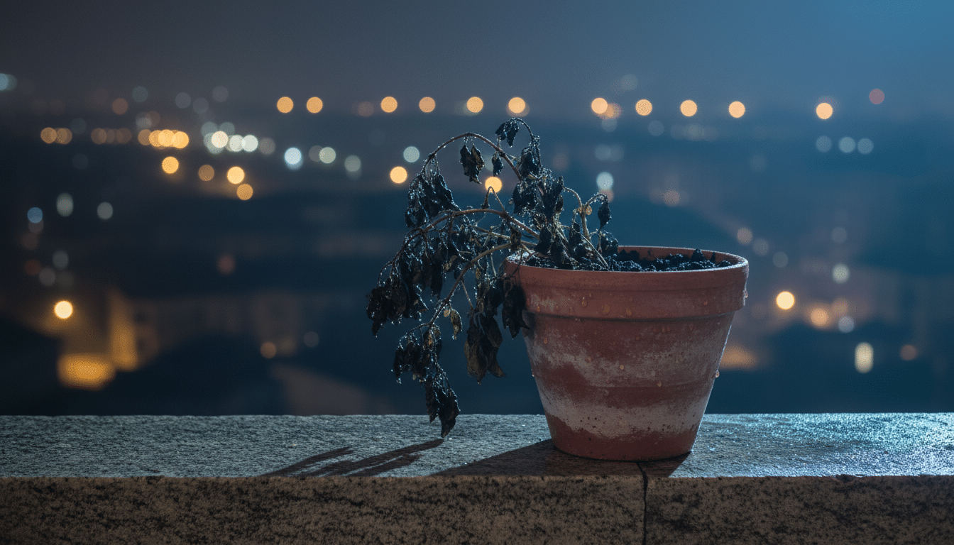 Basilic flétri aux feuilles noircies sur un balcon la nuit