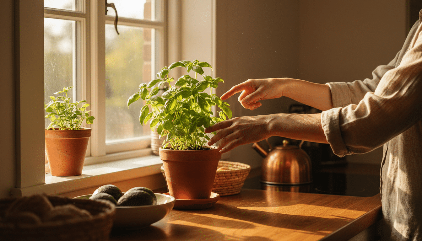 Basilic en pot sur un rebord de fenêtre intérieur ensoleillé