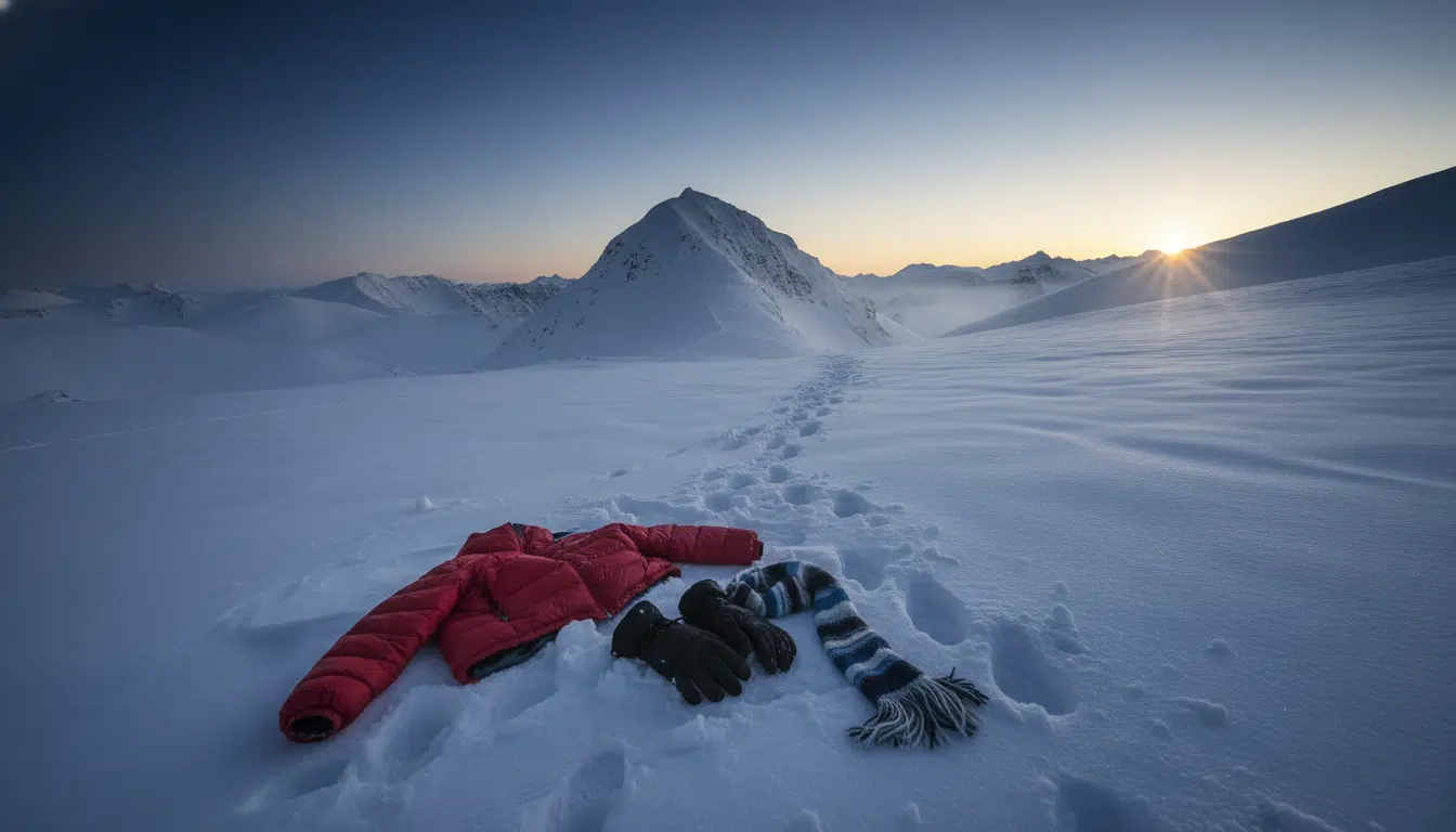 Vêtements éparpillés dans la neige en montagne