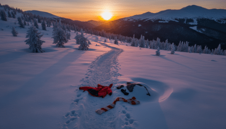 Vêtements éparpillés dans la neige en montagne