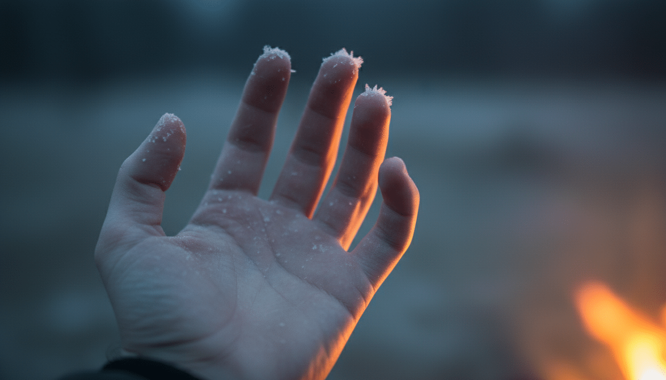 Mains blanchies par le froid extrême et la vasoconstriction