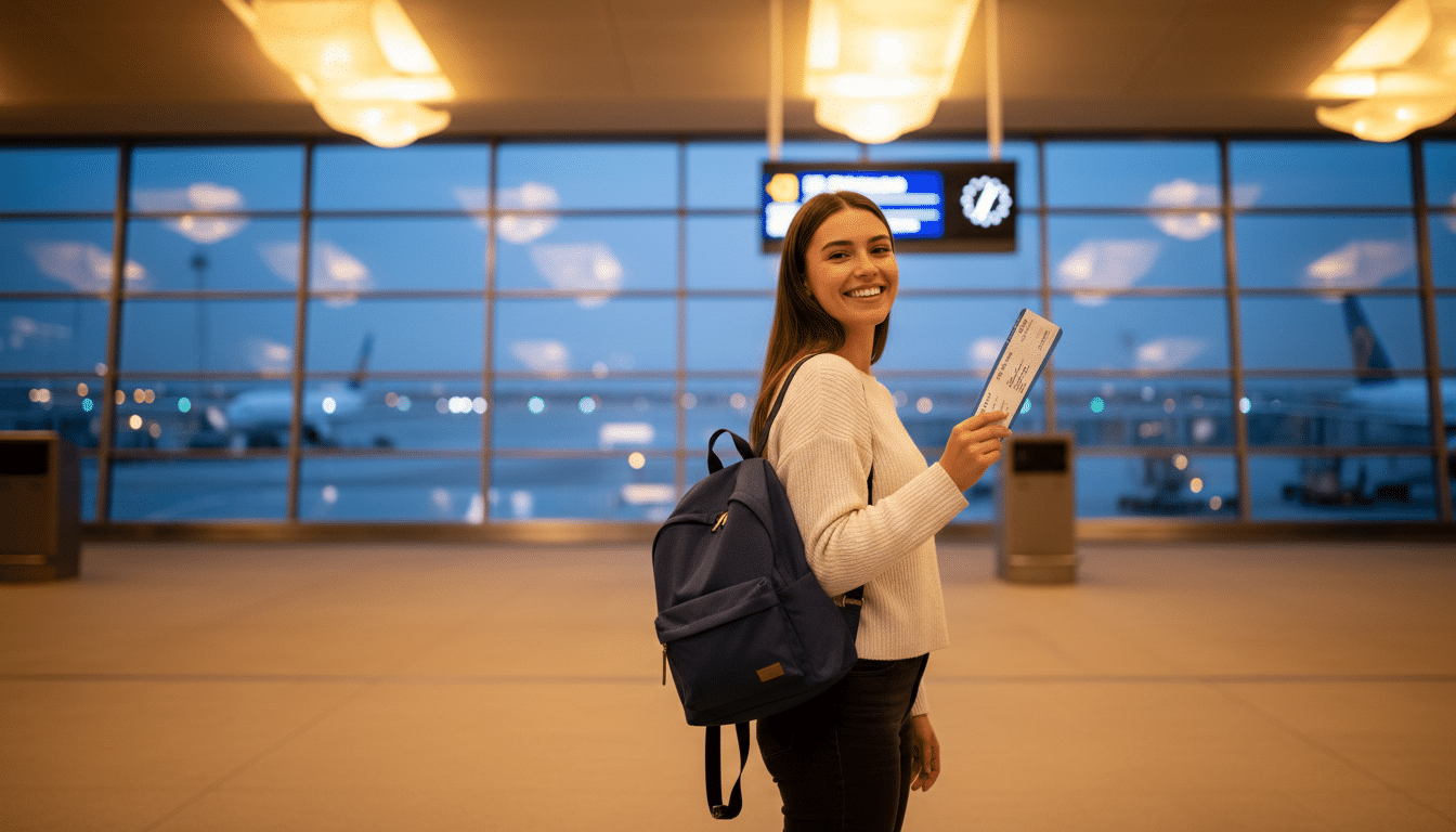 Femme souriante à l'aéroport avec sac à dos cabine