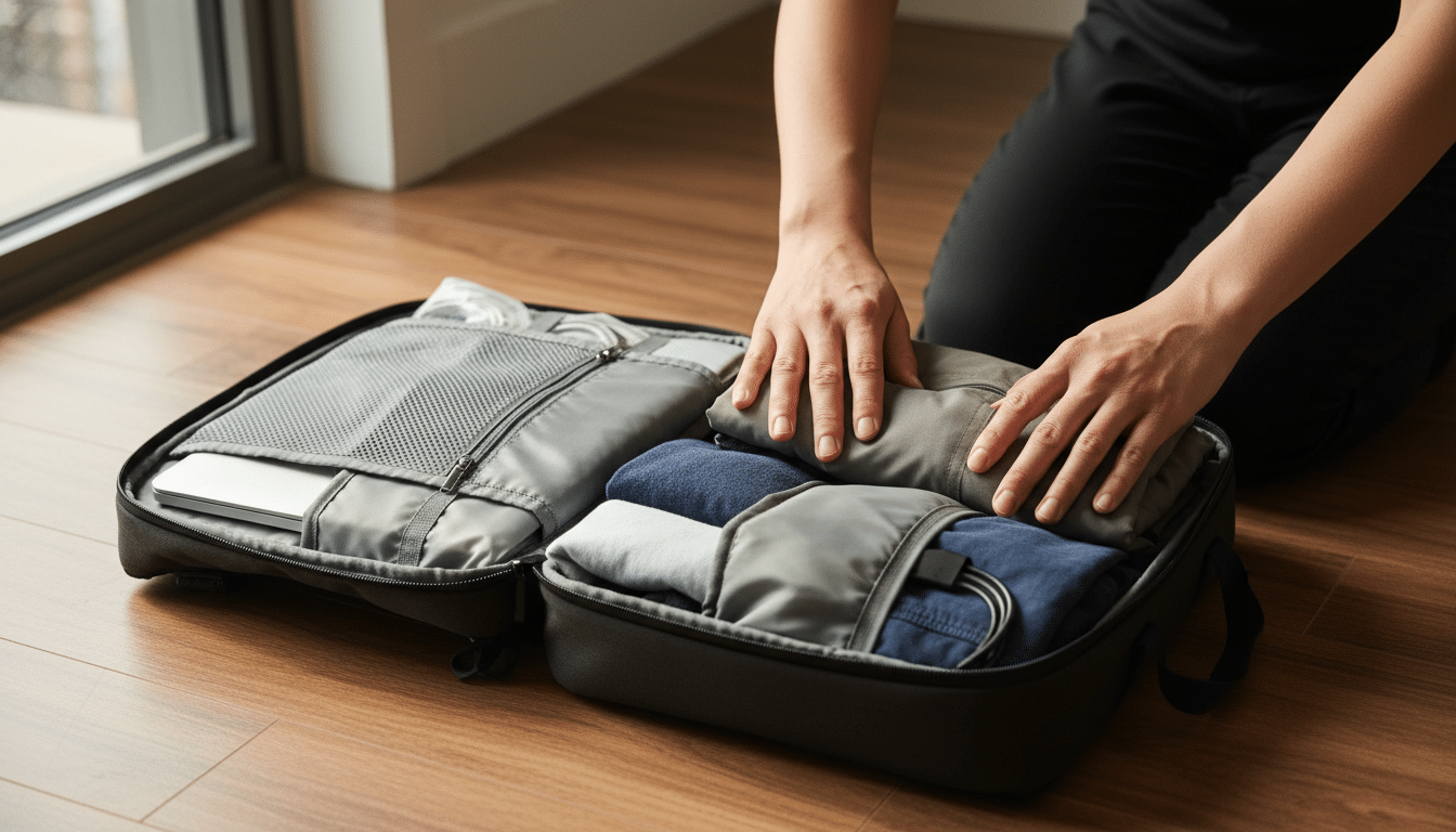 Rangement organisé d'un sac à dos de voyage ouvert