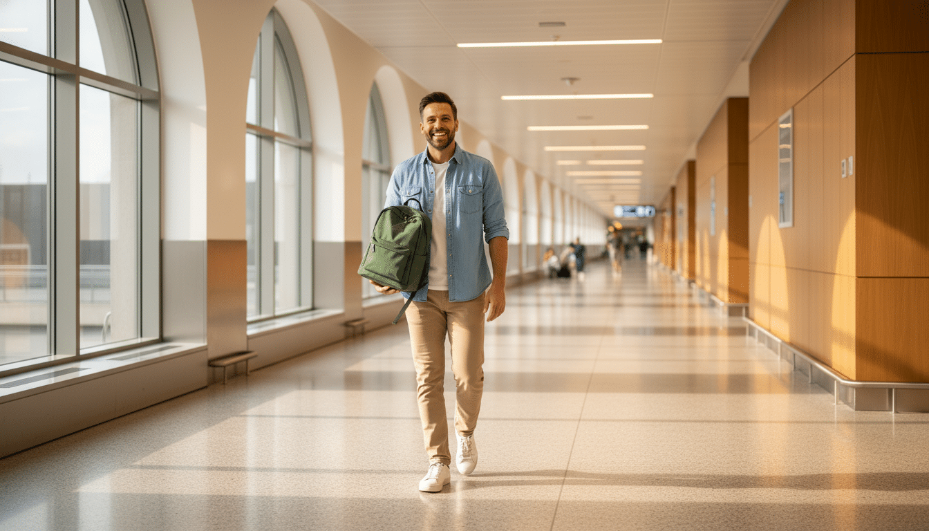 Homme glissant son sac dans le compartiment avion