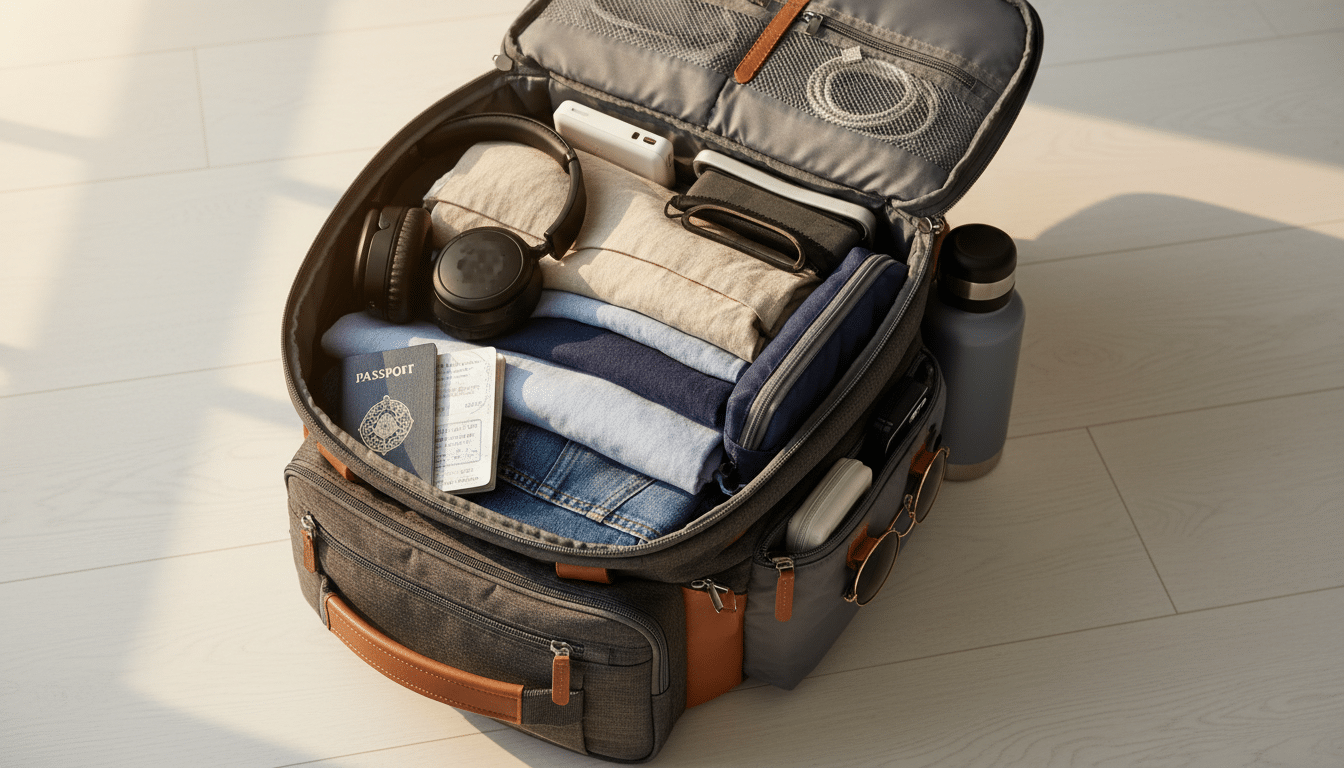 Contenu organisé d'un sac à dos de voyage